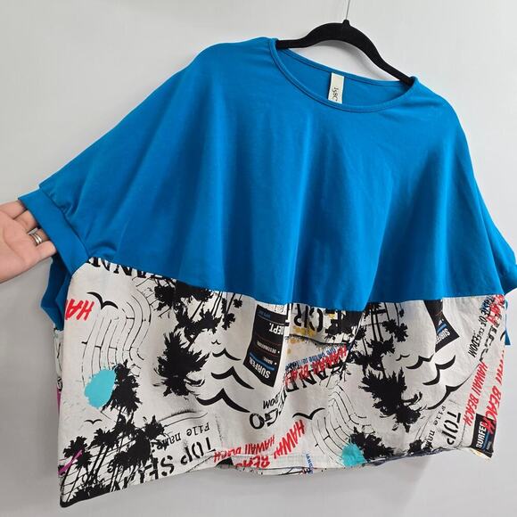 158°C Womens Top Blue Colorblock Graphic Print Oversized Streetwear Artsy Travel - Picture 4 of 8